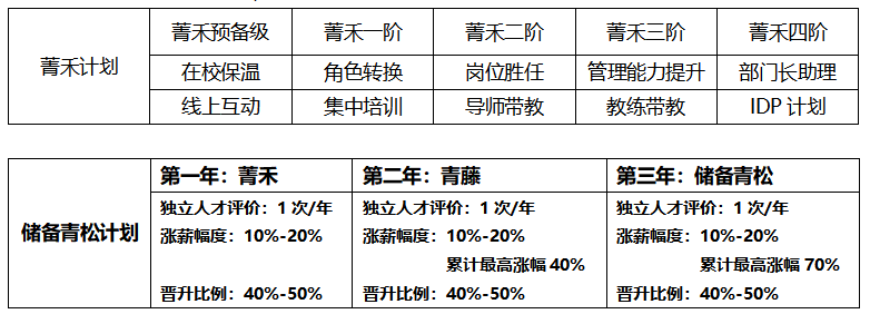 <table> <tr><td rowspan="3">菁禾计划</td> <td>菁禾预备级</td> <td colspan="2">菁禾一阶</td> <td>菁禾二阶</td> <td>菁利阶</td> <td>菁泗阶</td> </tr> <tr><td>在校保温</td> <td colspan="2">触转换</td> <td>岗位胜任</td> <td>管理能力提升</td> <td>部长助理</td> </tr> <tr><td>线上互动</td> <td colspan="2">集中培训</td> <td>导师带教</td> <td>教练带教</td> <td>IDP计划</td> </tr> <tr><td colspan="7"></td> </tr> <tr><td rowspan="2">储备青松计划</td> <td colspan="2">第一年:禾</td> <td colspan="2">第二年:青藤</td> <td colspan="2">第三年:储备青松</td> </tr> <tr><td colspan="2">独立人才评价: 1次/年涨薪幅度: 10%-20%晋升比例: 40%-50%</td> <td colspan="2">独立人才评价: 1次/年涨薪幅度: 10%-20%累计最高涨幅40%晋升比例: 40%-50%</td> <td colspan="2">独泣人才评价: 1次年涨薪幅度: 10%-20%累计最高涨幅70%晋升比例: 40%-50%</td> </tr> </table>